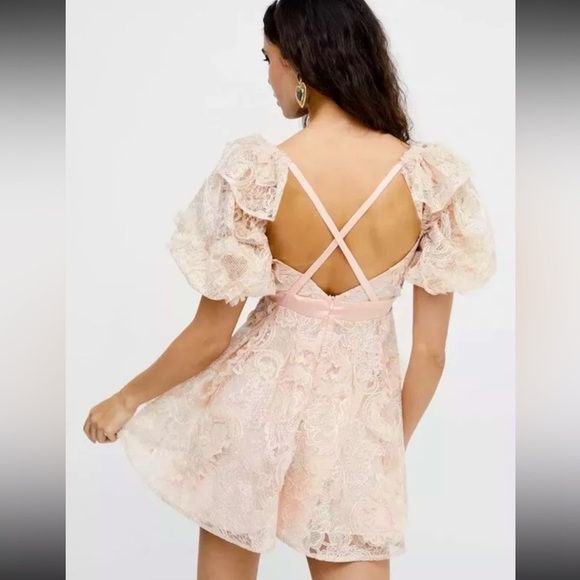 For Love & Lemons Meredith Embroidered Strappy Lace Puff Sleeve Mini Dress - Picture 3 of 15